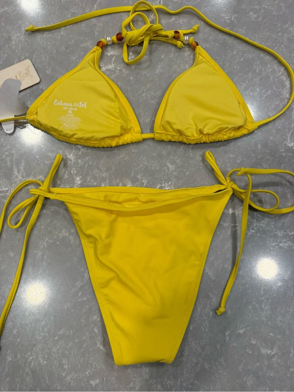 Cabana del Sol Yellow Beaded Triangle Bikini Swimsuit Small NWT Tie Side